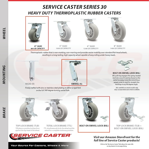 4 Inch SS Thermoplastic Rubber Caster Set with Ball Bearing and Swivel Lock SCC